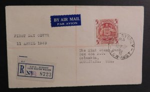 1949 Air Mail Cover Sydney Australia NSW to Columbia Louisiana USA Registered