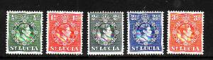 St. Lucia-Scott#110a,113a-15a,117a-five Unused hinged KGVI definitives-Perf 14.5