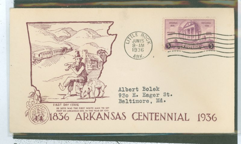 US 782 1936 Arkansas centennial on an addressed (typed) FDC with a Kershner cachet