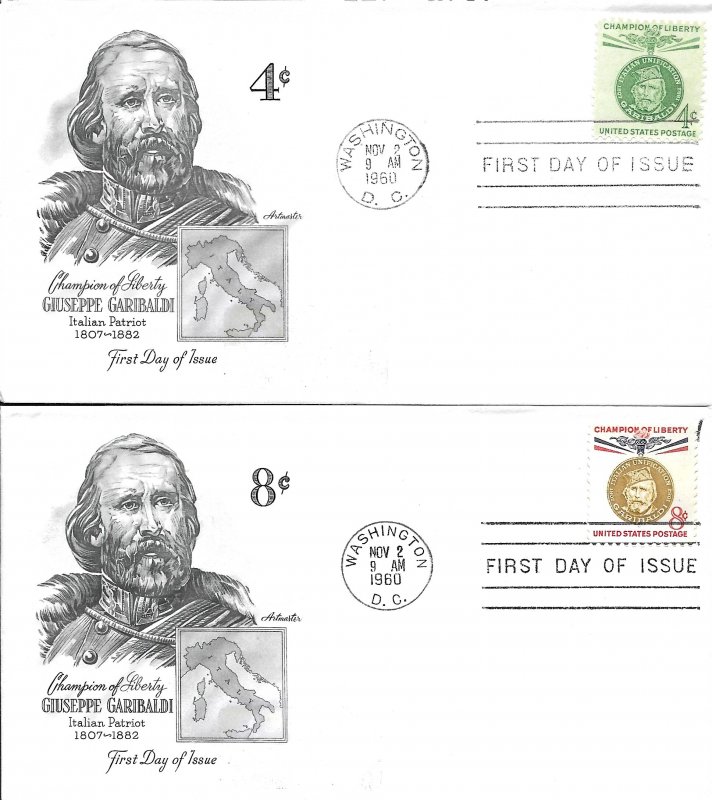 1960 FDC, #1168-1169, 4c/8c Giuseppe Garibaldi, Artmaster (2)