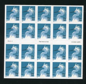 3830De Snowy Egret Sheet of 20 37¢ Stamps MNH P44444, Microprinted