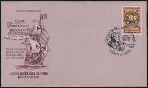 Cocos Islands 1992 FDC Sc 261 $1.05 Discovery of America, 500th ann