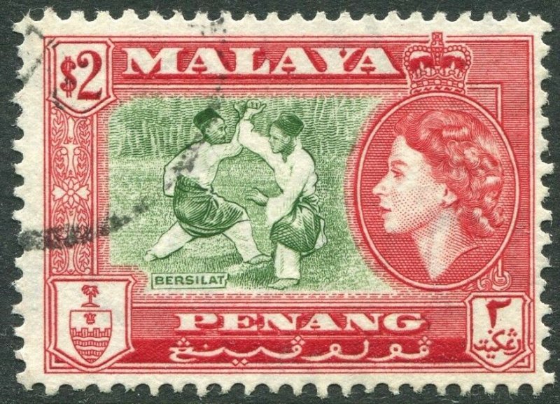 PENANG-1957 $2 Bronze-Green & Scarlet Sg 53 FINE USED V42834