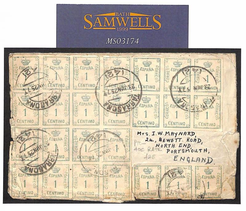 MS3174 1925 SPAIN to GB Cover. PTO 40c rate