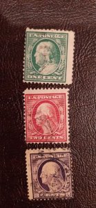 US Scott # 374-376. 1c,2,3c issues used from 1910-1911; VG/F centering