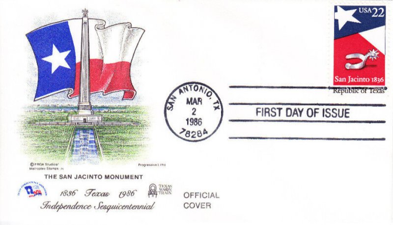 Texas Independence Assn FDC #2204 Texas Republic 150th San Jacinto Monument 1986