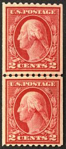 US #442 LINE PAIR, SCV $300.00 XF mint never hinged, well centered, super fre...