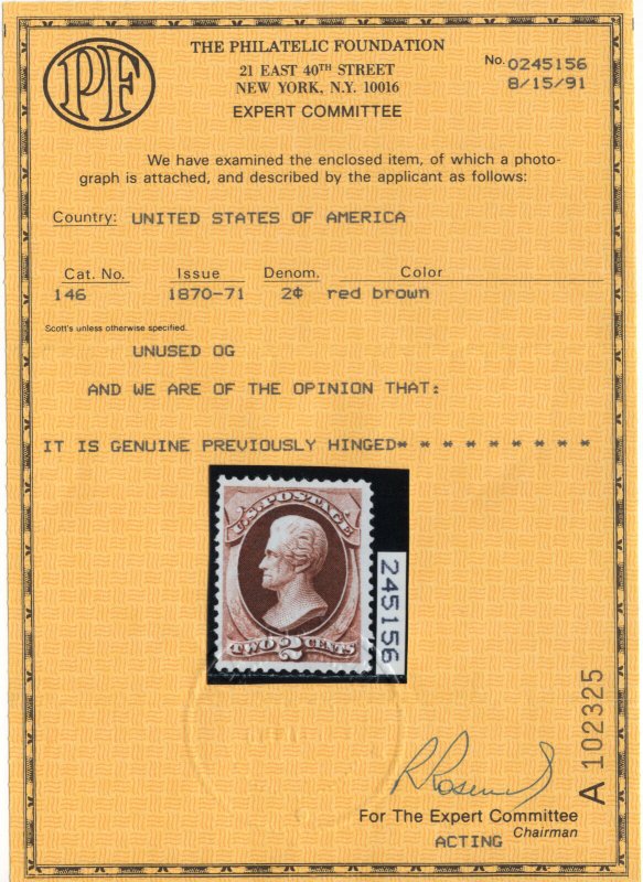 Scott 146, Unused, Original Gum, PF Cert