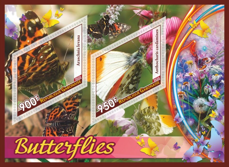 Stamps.Insects Butterflies 2020 year 1+1 sheets perforated Gabon