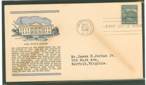 US 809 1938 4.5c White House (part of the presidential/prexy series) solo on an addressed (typed) first day cover with a Linprin