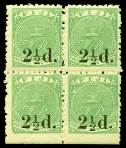 Fiji 1891 QV 2½d on 2d green in a superb MNH block of four. SG 70.