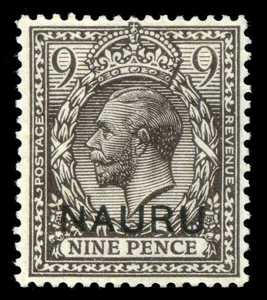 Nauru 1916 KGV 9d agate with error OVERPRINT DOUBLE, ONE ALBINO var MLH. SG 11a.