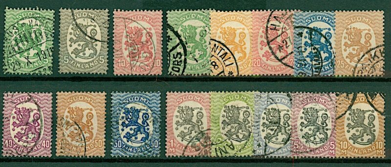 Finland 1918 Lion definitives 5p to 10m 1st issue (16v) VFU Stamps