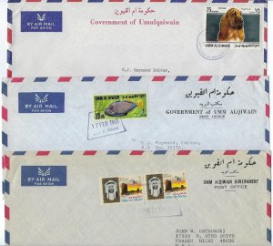 UAE UMM AL QIWAIN 1969 THREE OFFICIAL GOVT AIRMAIL COVERS DIFFERENT FRANKING ALL