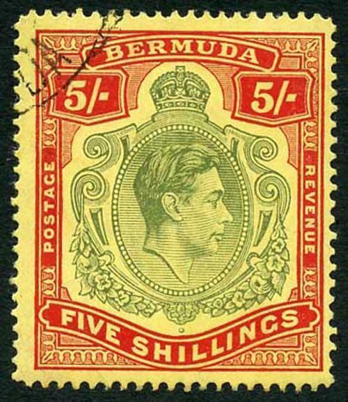 Bermuda SG118b KGVI 5/- Pale Green and Red/yellow Line Perf 14.25 (Ref 08)