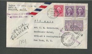 1934 Oakland Ca Airmail + Special Delivery To NY W/Unusual Banded Red & Blue----