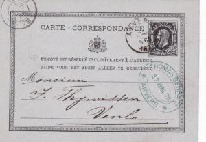 Belgium 1876 10c Prepaid Postcard Thomas Gehr&Co Anvers to Venlo VGC