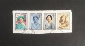 GB 1990 Queen Mother's 90 birthday . Set of 4 used stamps. Ex FDC on paper.