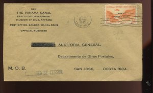 Canal Zone CO2 Airpost Official Used on OB Penalty Cover to Costa Rica CZ MOB4