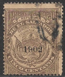 EL SALVADOR 1902 5c ARMS Municipal Revenue Ross M67 VFU