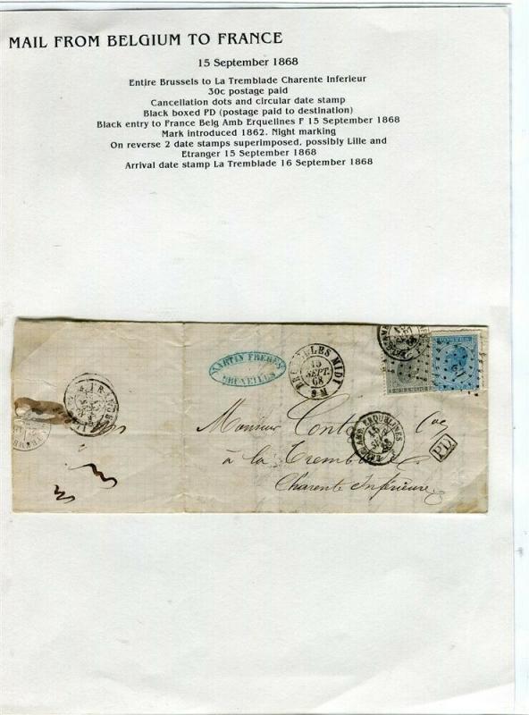 FRANCE Early Incoming LETTER/COVER 1868 fine used item Brussels - La Tremblade