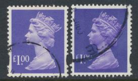 Great Britain SG Y1743 SC# MH279 Machin £1 Used x2  Bluish Violet see phosph...