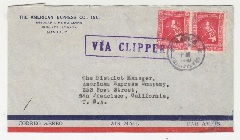 PHILIPPINES, 1940 Airmail cover, VIA CLIPPER, Manila to USA, 1p.