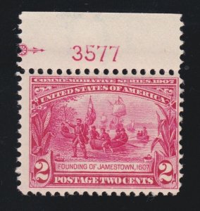 US 329 2c Jamestown Mint Plate #3577 Single F-VF OG NH SCV $80