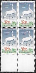 US #1098 MNH Bottom Edge Block of 4. Whooping Cranes.  Nice