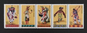 U.S. 1996 #3076a Strip of 5, American Indian Dances, MNH.