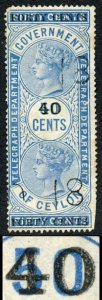 Ceylon Telegraphs SGT45a 40c on 50c Blue Double Surcharge