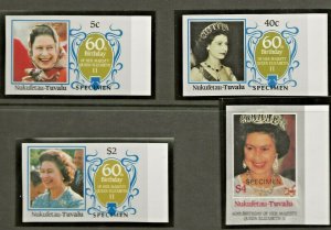 NUKUFETAU-TUVALU 1986 60TH BIRTHDAY QUEEN ELIZABETH,SPECIMEN O/PRINT SET IMPERF