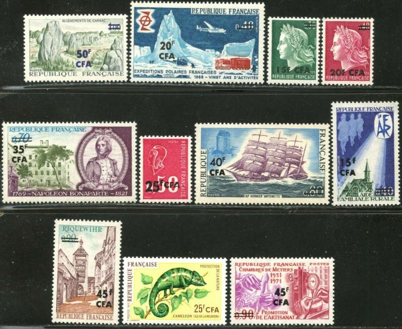 REUNION Sc#365-368, 370-376 1968-71 Eleven Complete Stamps OG Mint Hinged