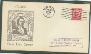 US 690 1931 2c General Pulaski Commemorative (single) on an addressed FDC with a Roessler cachet - Buffalo, NY cancel