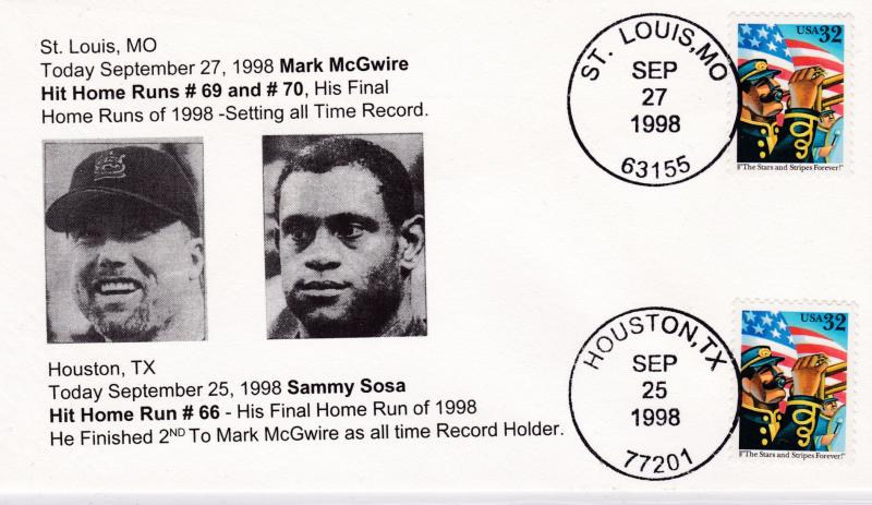 U.S.1998 Combo.Cover BASEBALL Day Mark McGuire Hit Home Run Record+Sammy Sosa +