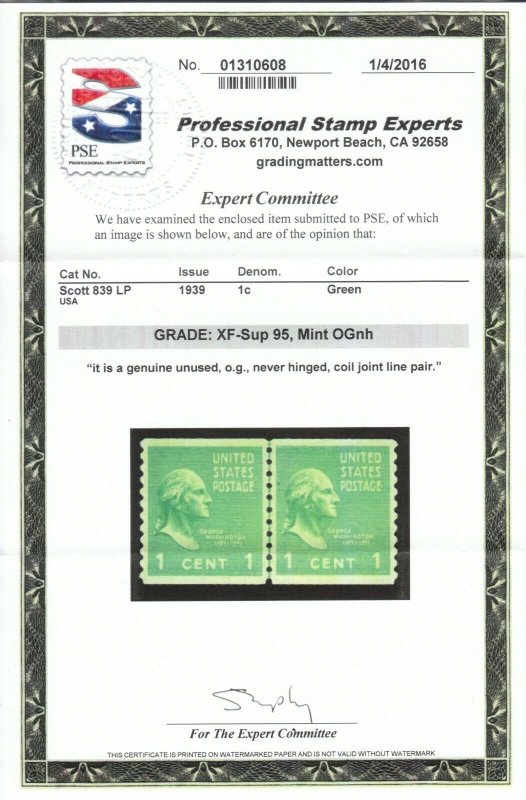 MOstamps - US #839 Mint OG NH LP Grade 95 with PSE Cert - Lot # MO-1458 SMQ $75 