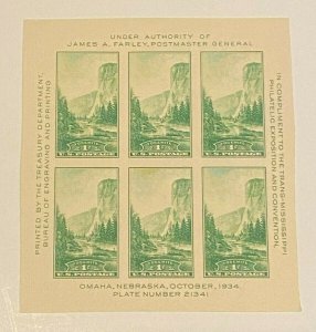 US Scott #769 Yosemite 1¢ (1935) Farley Souvenir Sheet of 6 MNH IMPERFNGAI