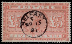 GB QV SG137, SCARCE £5 orange, FINE USED. Cat £3500. CDS AF