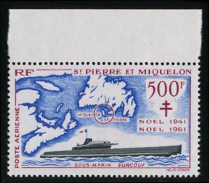 French Colonies, St. Pierre & Miquelon #C25 Cat$130, 1962 500fr dark red and ...