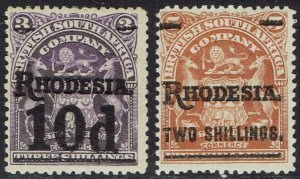 RHODESIA 1909 ARMS SURCHARGE 10D ON 3/- AND 2/- ON 5/-
