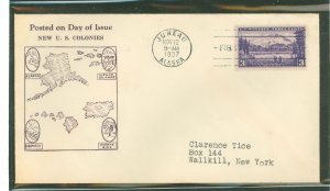 US 800 1937 3c Alaska (part of the US Possessing series) single on an addressed first day cover with a Roessler cachet.