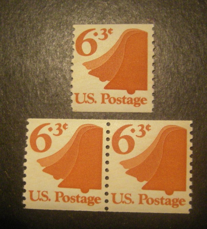 Scott 1518, 6.3c Liberty Bell, Pair and single, MNH Coil Beauty