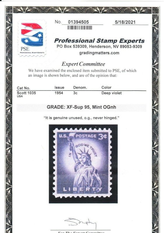 MOstamps - US #1035 Mint OG NH Grade 95 with PSE cert - Lot # MO-2960 SMQ $30