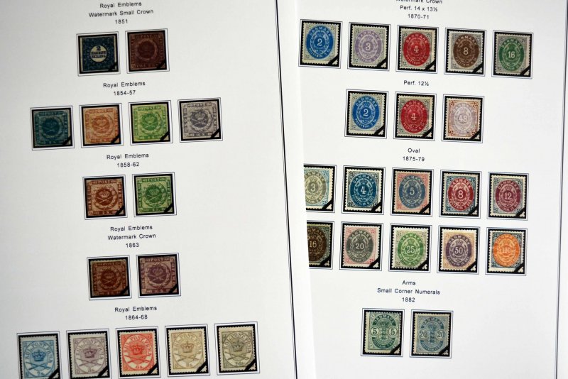 COLOR PRINTED DENMARK [CLASS] 1851-1955 STAMP ALBUM PAGES (27 illustrated pages)