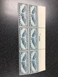 US Air Mail C24 Winged Globe 30C Plate Block Of 6 Very Fine Mint Never Hinged.