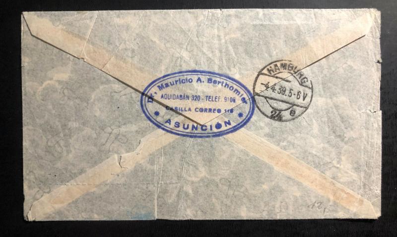 1939 Asuncion Paraguay Airmail diplomatic Cover to embassy  Hamburg Germany