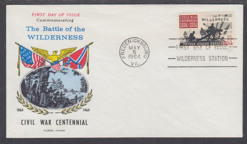 US Mel 1181-22 FDC 1964 Battle of the Wilderness Civil War, Fluegel Color Cachet