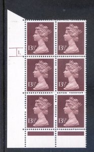 GB 13 1/2p Purple Brown Cylinder 1 Dot Unmounted Mint Block 6