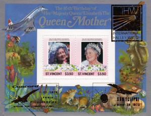 St.Vincent 1988 Q.Mother S/S ovpt.Gold HALLEY'S COMET-CONCORDE-GIOTTO MNH