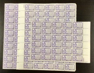 1014   Gutenberg Bible Lot of 2 1/2 sheets MNH 3 c  Sheet of 50   1952